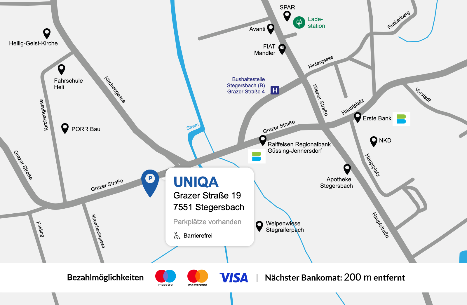 Eine Gezeichnete Karte vom Standort der UNIQA Generalagentur Unger und Hirschbeck.